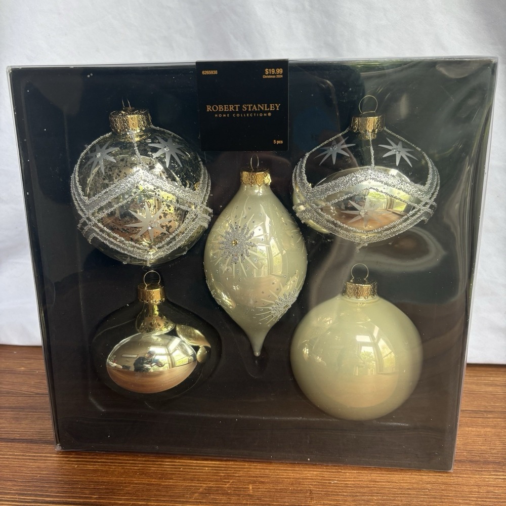 Robert Stanley Home Collection Glass Christmas Ornaments Set of 5 Gold Ivory